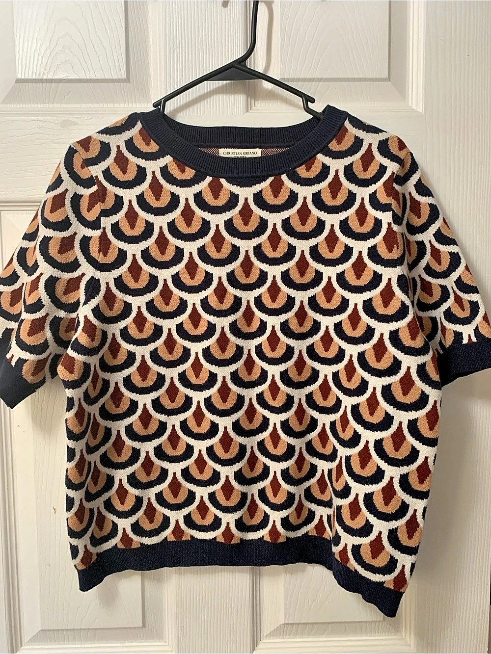 Christian Siriano Geometric Knit Short Sleeve Top Black & Brown Size XL